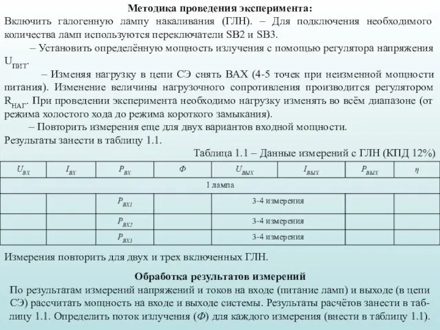 Методика проведения эксперимента: Включить галогенную лампу накаливания (ГЛН). – Для подключения необходимого