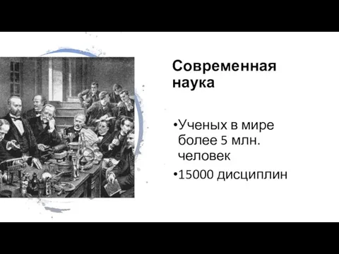 Современная наука Ученых в мире более 5 млн. человек 15000 дисциплин