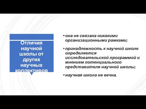 Отличия научной школы от других научных коллективов она не связана никакими организационными