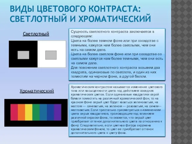 ВИДЫ ЦВЕТОВОГО КОНТРАСТА: СВЕТЛОТНЫЙ И ХРОМАТИЧЕСКИЙ Сущность светлотного контраста заключается в следующем: