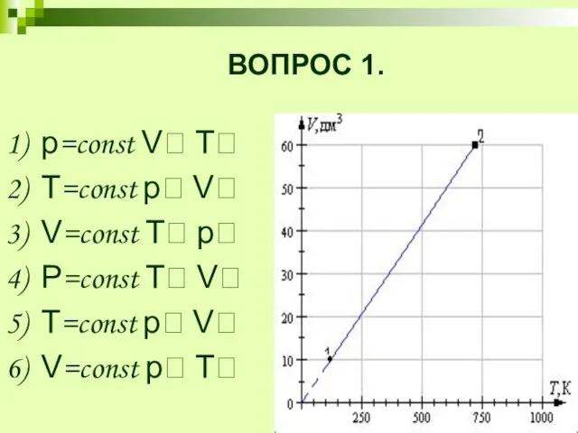 ВОПРОС 1. 1) p=const V T 2) T=const p V 3) V=const