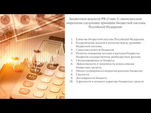 Бюджетным кодексом РФ (Глава 5) законодательно закреплены следующие принципы бюджетной системы Российской