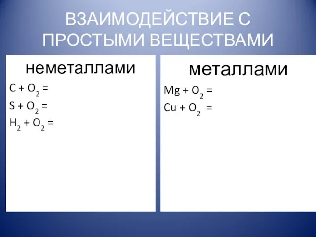 ВЗАИМОДЕЙСТВИЕ С ПРОСТЫМИ ВЕЩЕСТВАМИ неметаллами C + O2 = S + O2