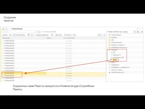 Создание пакетов Созданные нами Пакеты находятся в Номенклатуре-Служебные-Пакеты