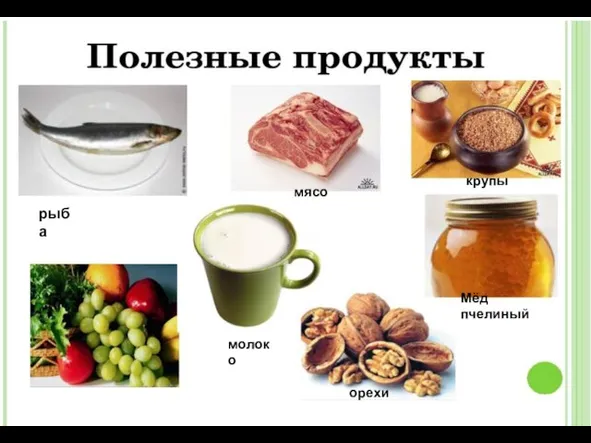 рыба мясо крупы Мёд пчелиный орехи молоко