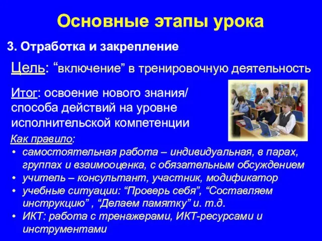 Основные этапы урока 3. Отработка и закрепление Итог: освоение нового знания/ способа