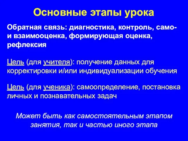 Основные этапы урока Обратная связь: диагностика, контроль, само- и взаимооценка, формирующая оценка,