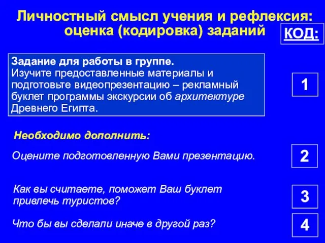 Личностный смысл учения и рефлексия: оценка (кодировка) заданий КОД: 1 Задание для