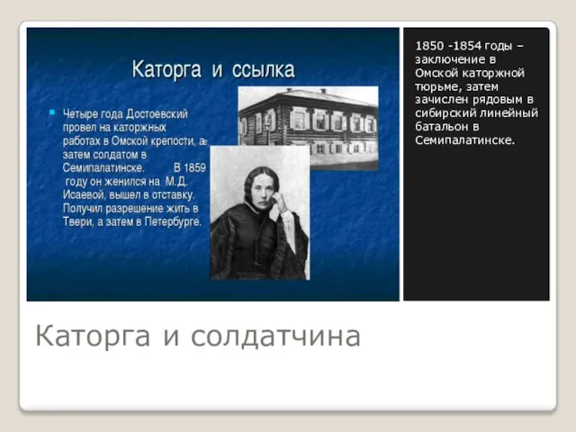 Каторга и солдатчина 1850 -1854 годы – заключение в Омской каторжной тюрьме,