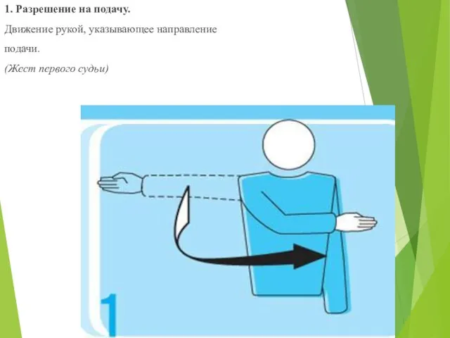 1. Разрешение на подачу. Движение рукой, указывающее направление подачи. (Жест первого судьи)