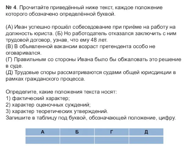 № 4. Прочитайте приведённый ниже текст, каждое положение которого обозначено определённой буквой.