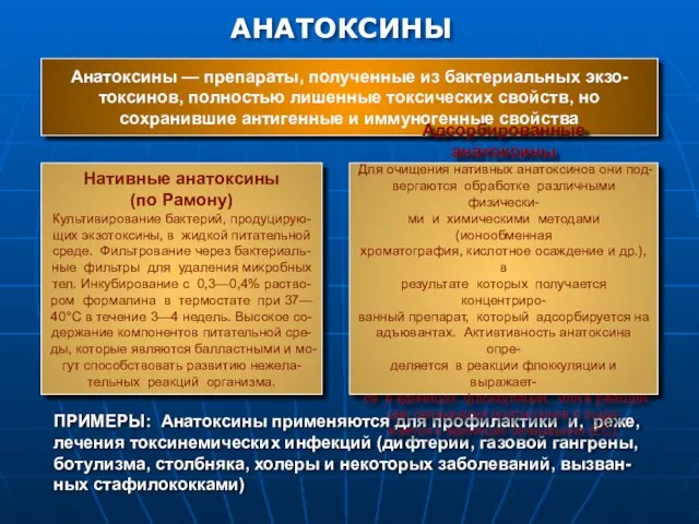 АНАТОКСИНЫ ПРИМЕРЫ: Анатоксины применяются для профилактики и, реже, лечения токсинемических инфекций (дифтерии,