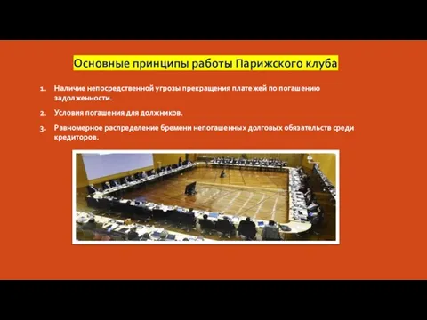 Основные принципы работы Парижского клуба Наличие непосредственной угрозы прекращения платежей по погашению