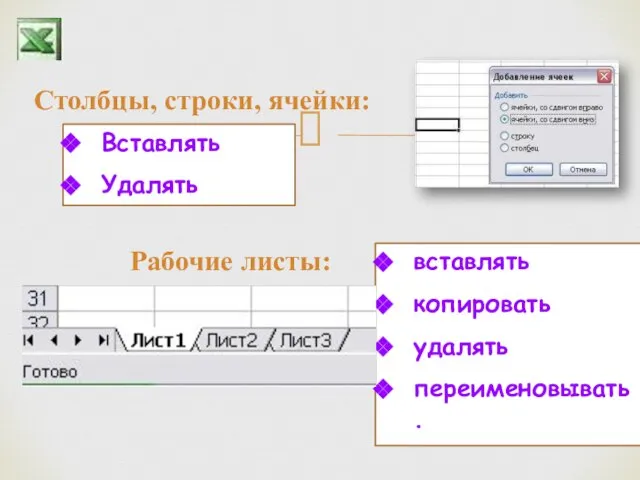 Столбцы, строки, ячейки: Вставлять Удалять Рабочие листы: вставлять копировать удалять переименовывать.