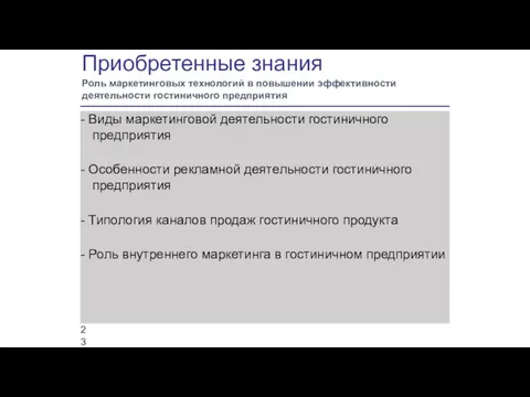 Приобретенные знания Роль маркетинговых технологий в повышении эффективности деятельности гостиничного предприятия -