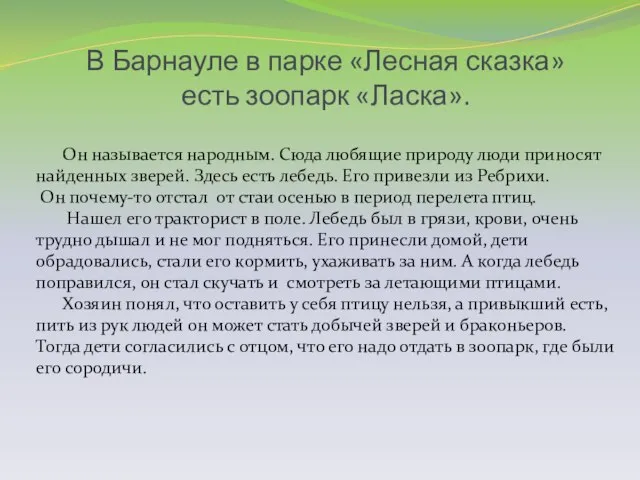 В Барнауле в парке «Лесная сказка» есть зоопарк «Ласка». Он называется народным.