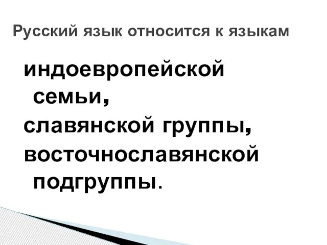 Русский язык относится к языкам индоевропейской семьи, славянской группы, восточнославянской подгруппы.