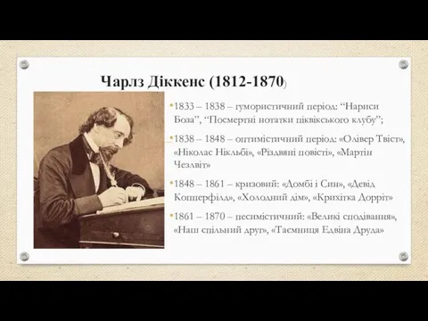 Чарлз Діккенс (1812-1870) 1833 – 1838 – гумористичний період: “Нариси Боза”, “Посмертні