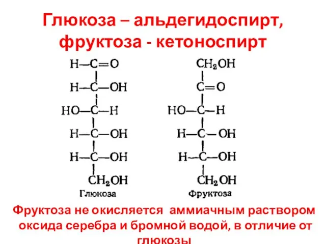 Глюкоза – альдегидоспирт, фруктоза - кетоноспирт Фруктоза не окисляется аммиачным раствором оксида