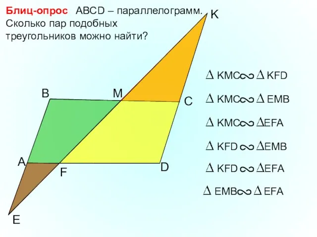 E B M АВСD – параллелограмм. Сколько пар подобных треугольников можно найти?