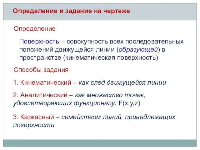 Определение и задание на чертеже Определение Поверхность – совокупность всех последовательных положений