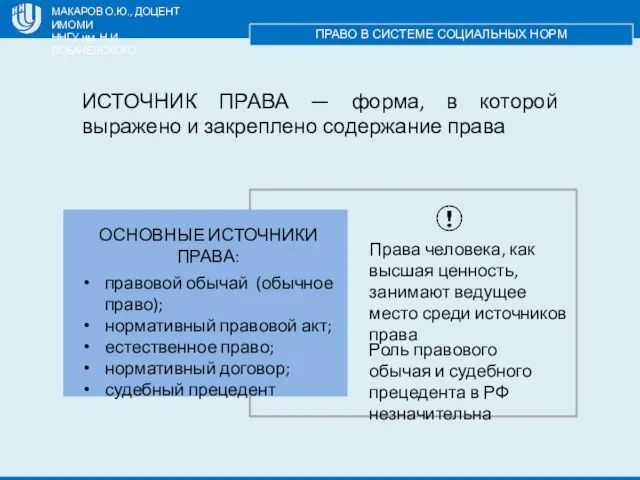 МАКАРОВ О.Ю., ДОЦЕНТ ИМОМИ ННГУ им. Н.И. ЛОБАЧЕВСКОГО ПРАВО В СИСТЕМЕ СОЦИАЛЬНЫХ