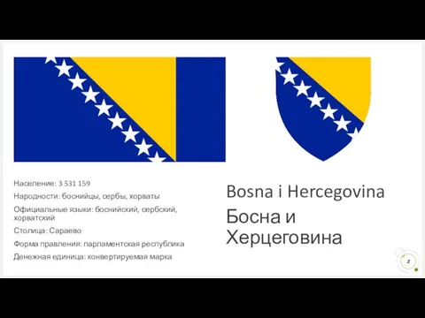 Bosna i Hercegovina Босна и Херцеговина Население: 3 531 159 Народности: боснийцы,