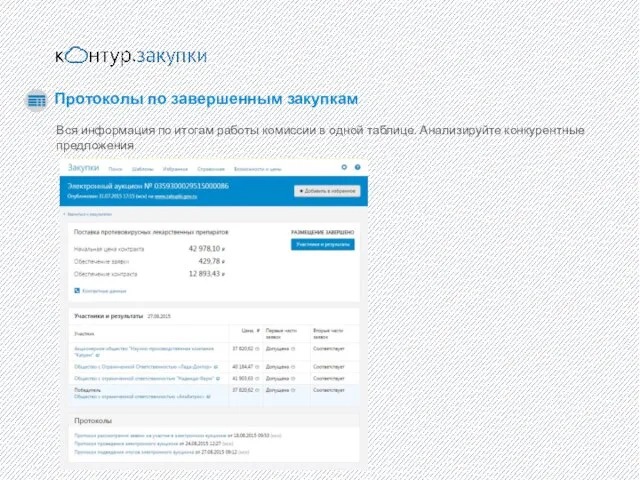 Протоколы по завершенным закупкам Вся информация по итогам работы комиссии в одной таблице. Анализируйте конкурентные предложения.