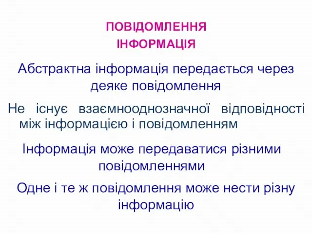 ПОВІДОМЛЕННЯ ІНФОРМАЦІЯ Абстрактна інформація передається через деяке повідомлення Інформація може передаватися різними