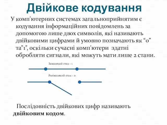 Двійкове кодування У комп'ютерних системах загальноприйнятим є кодування інформаційних повідомлень за допомогою