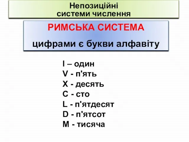 Непозиційні системи числення І – один V - п'ять Х - десять