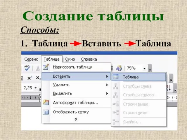 Создание таблицы 1. Таблица Вставить Таблица Способы: