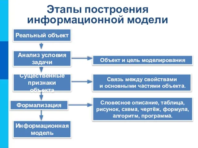 Этапы построения информационной модели Объект и цель моделирования Информационная модель Связь между
