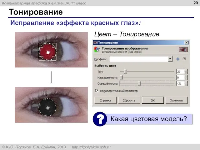 Тонирование Исправление «эффекта красных глаз»: Цвет – Тонирование