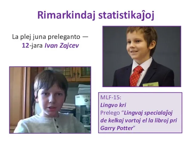 Rimarkindaj statistikaĵoj La plej juna preleganto — 12-jara Ivan Zajcev MLF-15: Lingvo