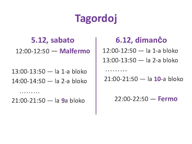 Tagordoj 5.12, sabato 12:00-12:50 — Malfermo 13:00-13:50 — la 1-a bloko 14:00-14:50