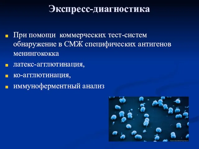 Экспресс-диагностика При помощи коммерческих тест-систем обнаружение в СМЖ специфических антигенов менингококка латекс-агглютинация, ко-агглютинация, иммуноферментный анализ