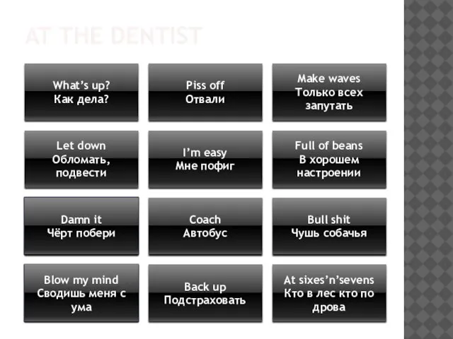 AT THE DENTIST What’s up? Как дела? Piss off Отвали Make waves