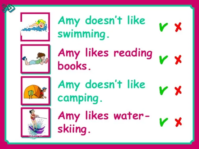 Amy doesn’t like swimming. Amy likes reading books. Amy doesn’t like camping. Amy likes water- skiing.