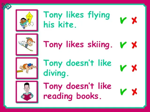 Tony likes flying his kite. Tony likes skiing. Tony doesn’t like diving.