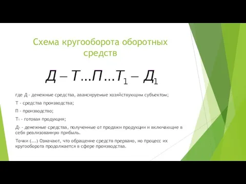 Схема кругооборота оборотных средств где Д - денежные средства, авансируемые хозяйствующим субъектом;