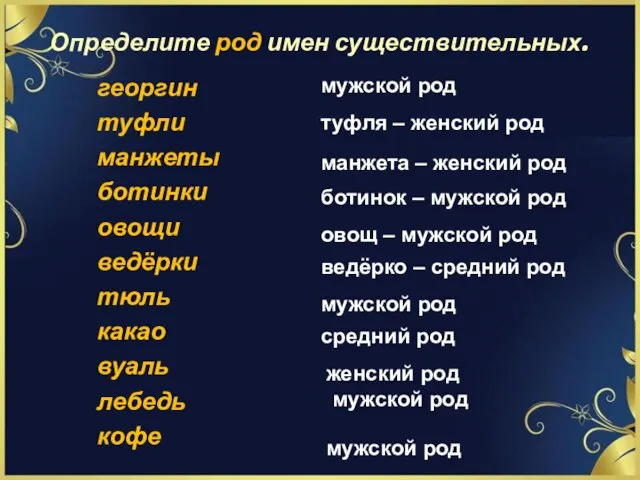 Определите род имен существительных. георгин туфли манжеты ботинки овощи ведёрки тюль какао