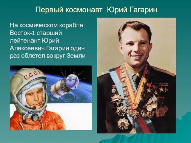 Первый космонавт Юрий Гагарин На космическом корабле Восток-1 старший лейтенант Юрий Алексеевич