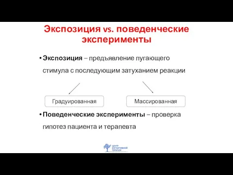 Экспозиция vs. поведенческие эксперименты Экспозиция – предъявление пугающего стимула с последующим затуханием