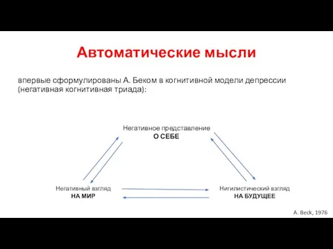 Автоматические мысли впервые сформулированы А. Беком в когнитивной модели депрессии (негативная когнитивная