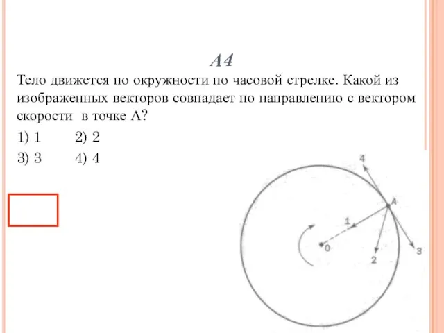 А4 Тело движется по окружности по часовой стрелке. Какой из изображенных векторов