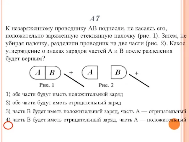 А7 К незаряженному проводнику АВ поднесли, не касаясь его, положительно заряженную стеклянную