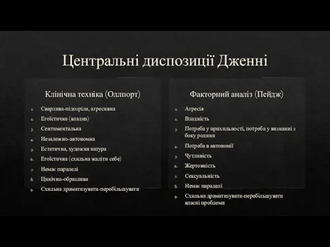 Центральні диспозиції Дженні Клінічна техніка (Оллпорт) Сварлива-підозріла, агресивна Егоїстична (владна) Сентиментальна Незалежно-автономна