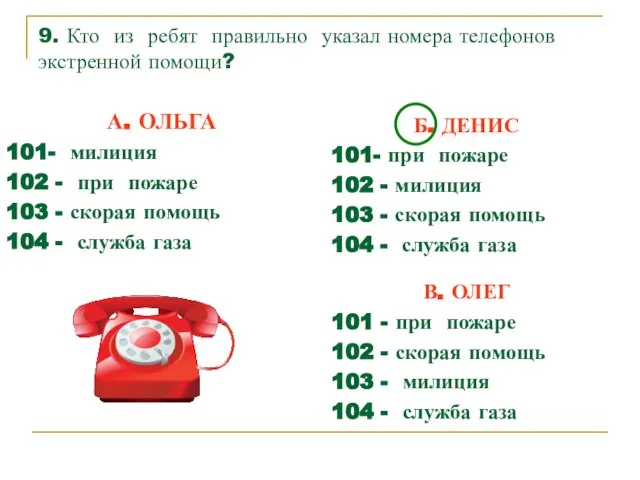 9. Кто из ребят правильно указал номера телефонов экстренной помощи? А. ОЛЬГА