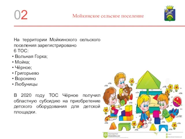 Мойкинское сельское поселение 02 На территории Мойкинского сельского поселения зарегистрировано 6 ТОС: